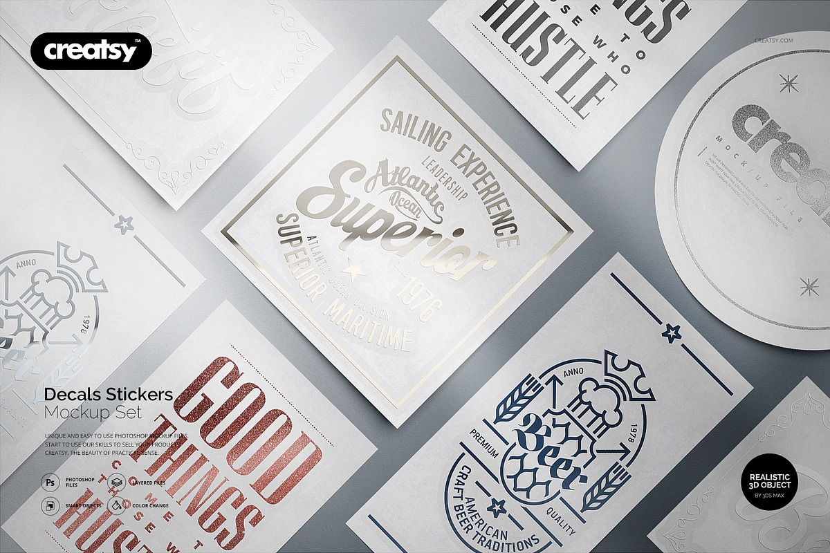Decals Stickers Mockup Set, a Merchandise Mockup by creatsy5 (Photo 1 of 24)