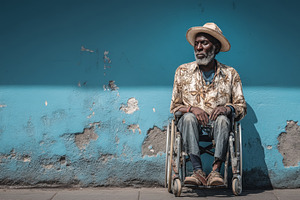 Black man in a wheelchair sitting against a vibrant blue wall outdoors, a Photo by AS photostudio
