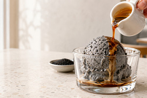 Black sesame ice cream served in gla, a Photo by Dvoevnore photos