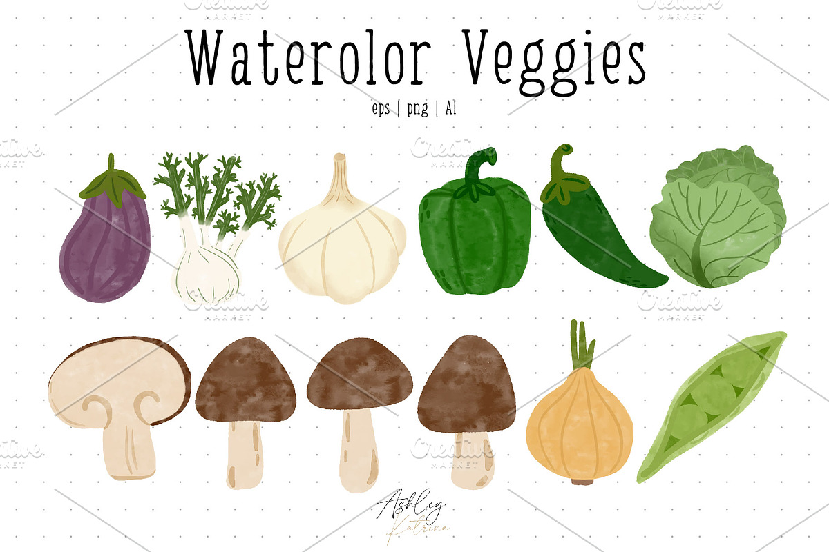 Watercolor Veggies with & w/o Faces, an Illustration by Ashley Katrina (Photo 4 of 10)