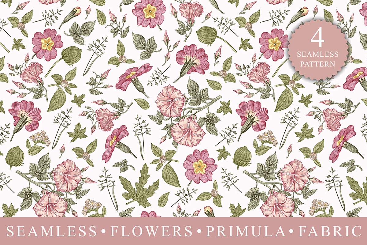 4 Seamless Flowers Primrose Petunia, a Pattern Graphic by Vintage (Photo 1 of 15)