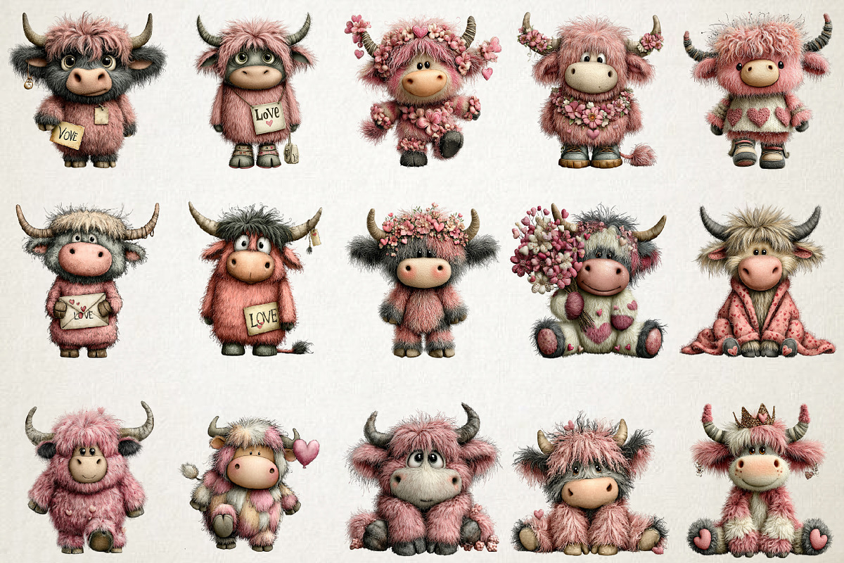 Whimsical Valentine Highland Cow PNG, an Animal Illustration by RobertsArt (Photo 4 of 6)