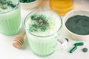 Healthy spirulina latte drink, a Food & Drink Photo by Rimma