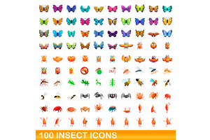 100 Insect Icons Set, Cartoon Style