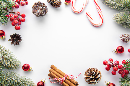 Christmas background with fir tree and decor. Top view with copy, a Holiday Photo by Olena Rudo