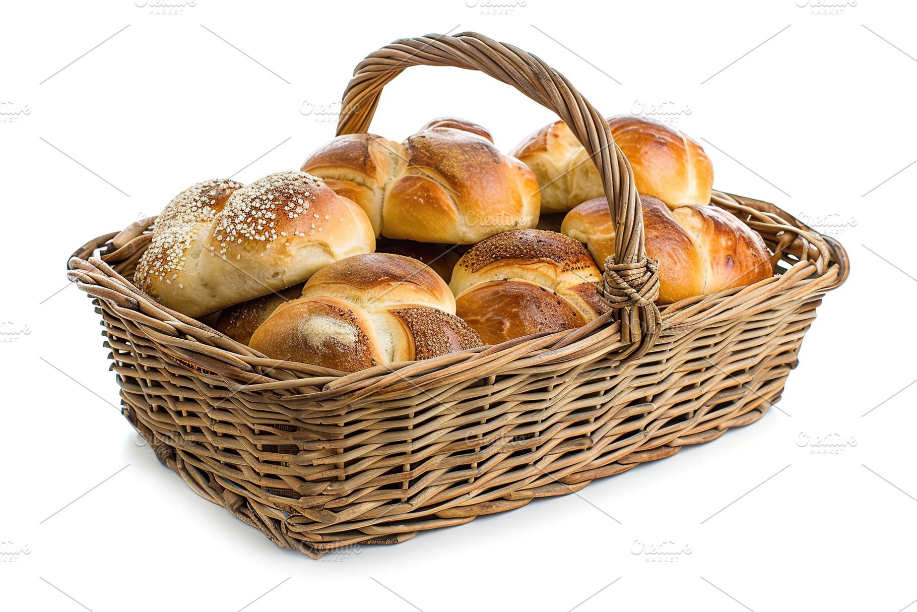 Freshly different baked buns in basket isolated on white background, a Food & Drink Photo by AlyaAnd