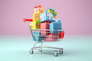 Shopping cart, basket on blue, pink background with colorful wrapped gift boxes, a Holiday Photo by Lenor4ik