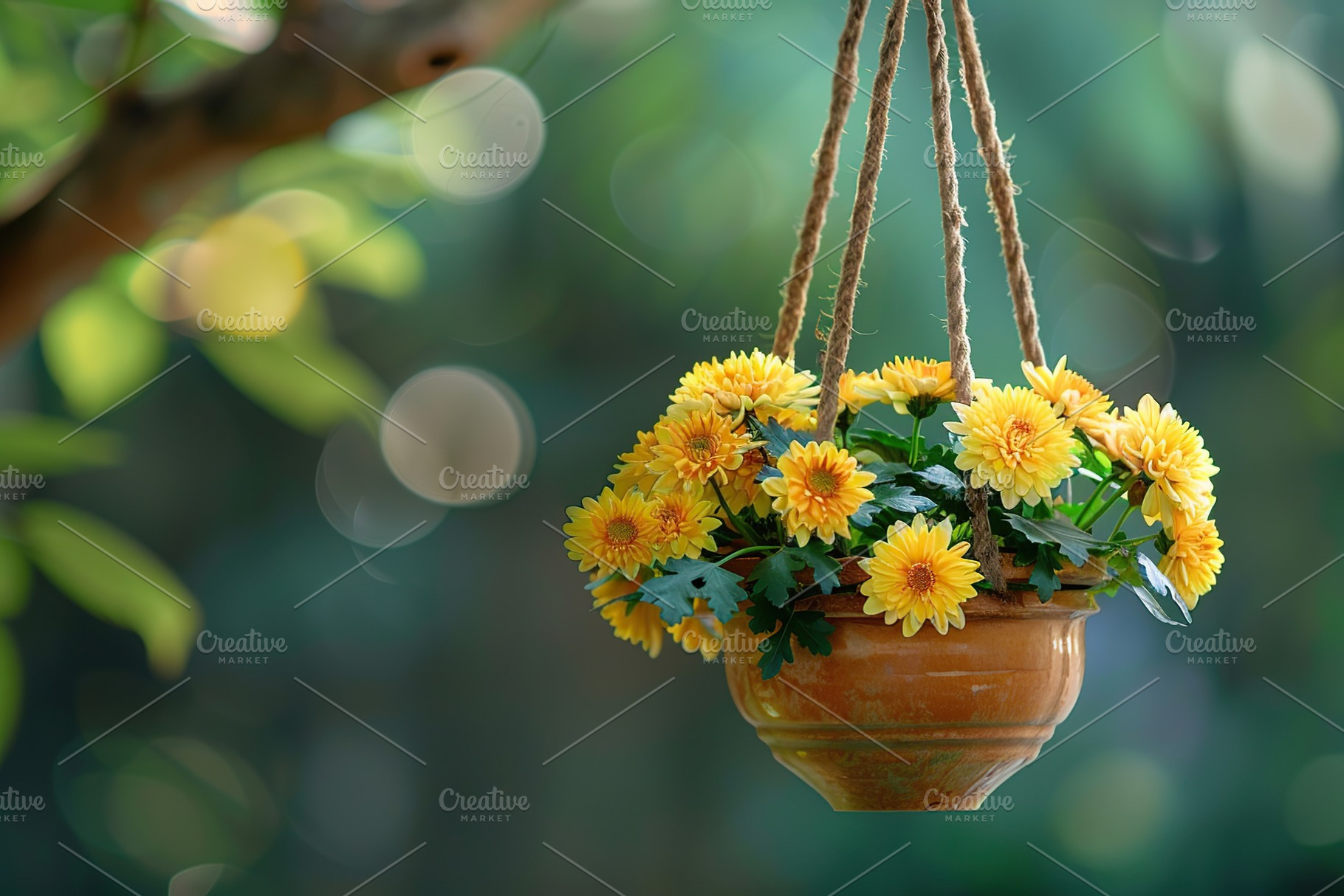 Fresh chrysanthemum flowers in pot hanging on tree branch on blurred green gard, a Nature Photo by AlyaAnd