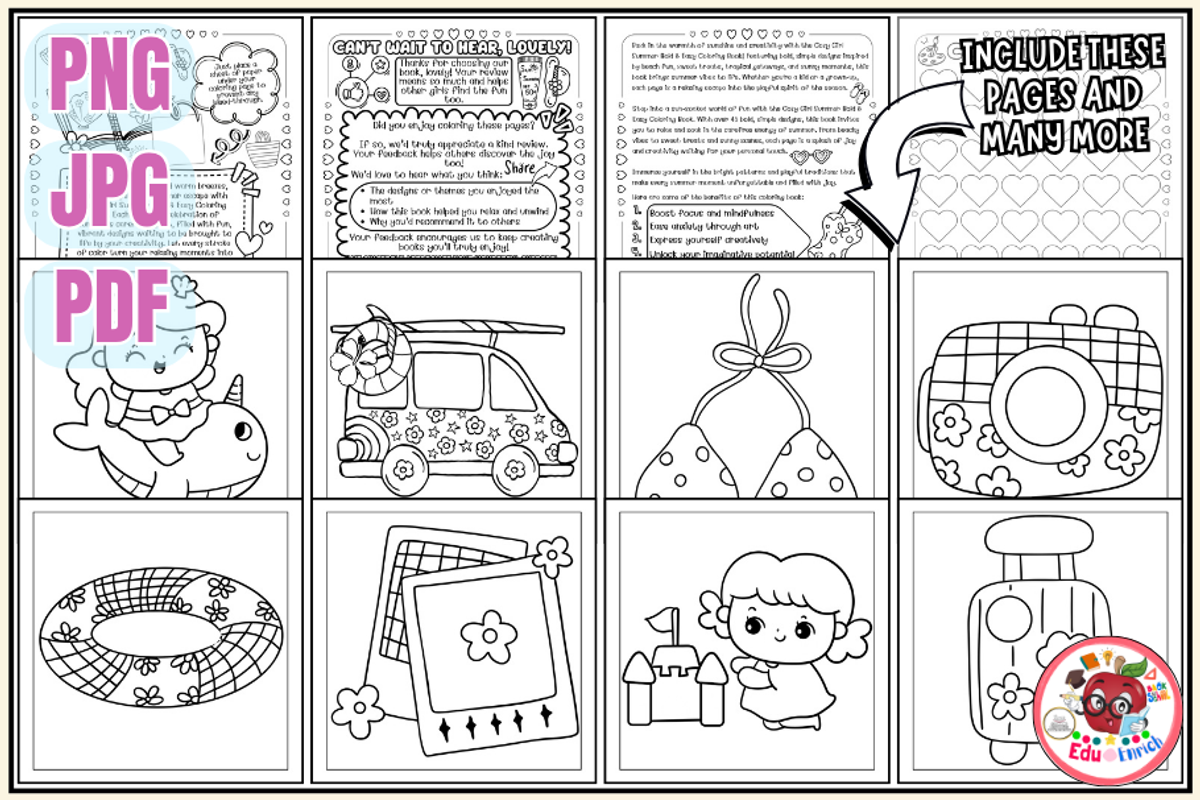 Cozy Girl Summer Coloring Pages, a Seasonal Illustration by EduEnrich (Photo 2 of 3)