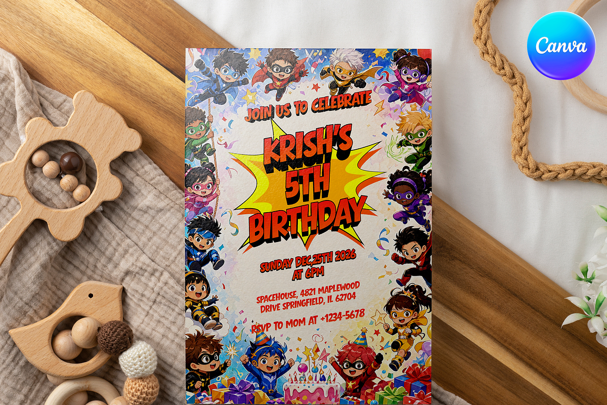 Chibi Superhero Birthday Invitation, an Invitation Template by InvitingStorys (Photo 5 of 12)