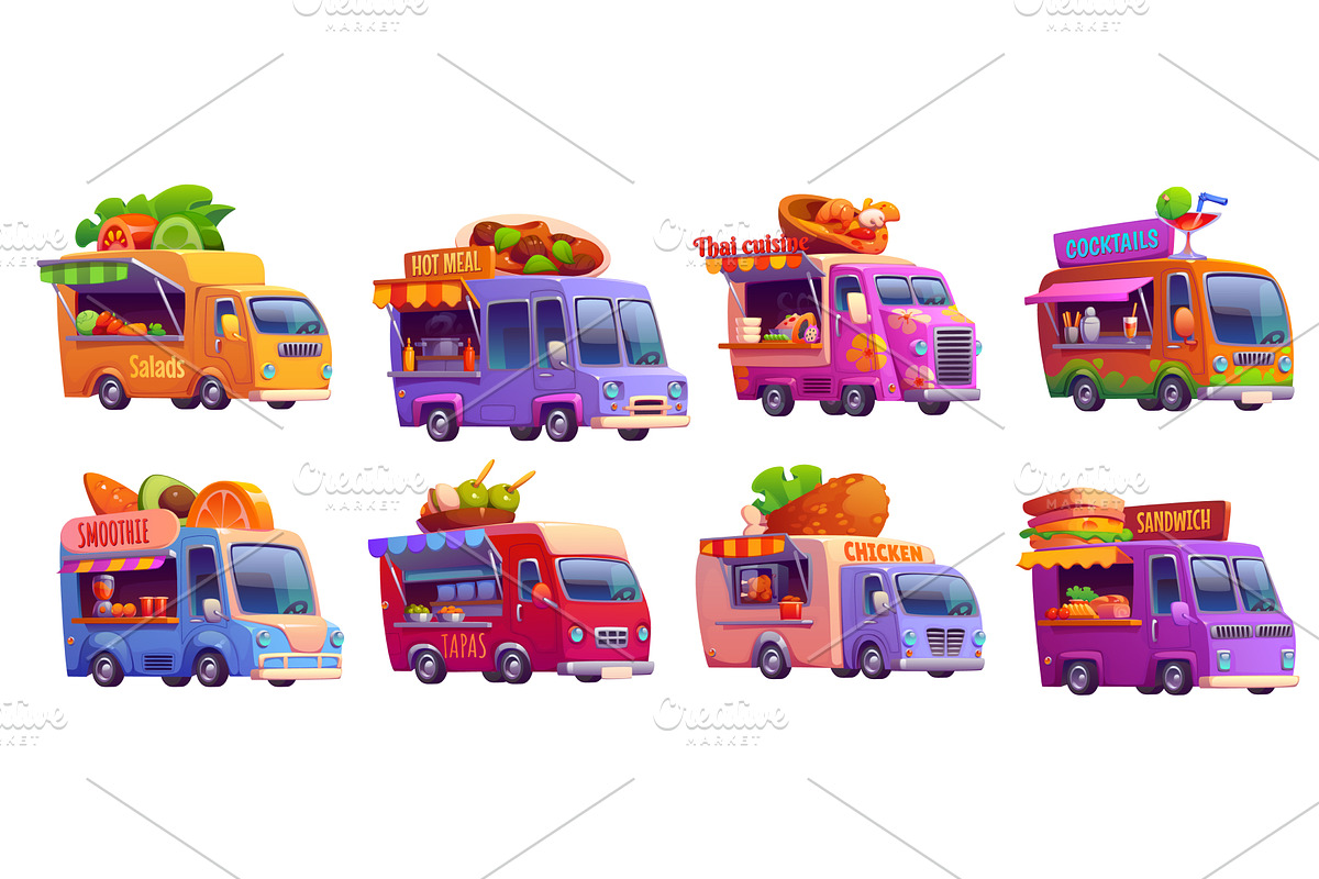 Cartoon street food trucks, a Food Illustration by Vector Tradition