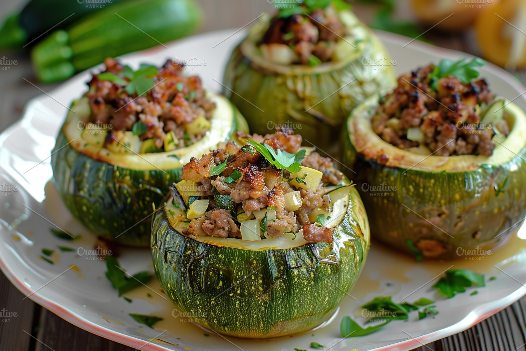 Zucchini stuffed with cheese and meat on wooden table, a Food & Drink Photo by AlyaAnd