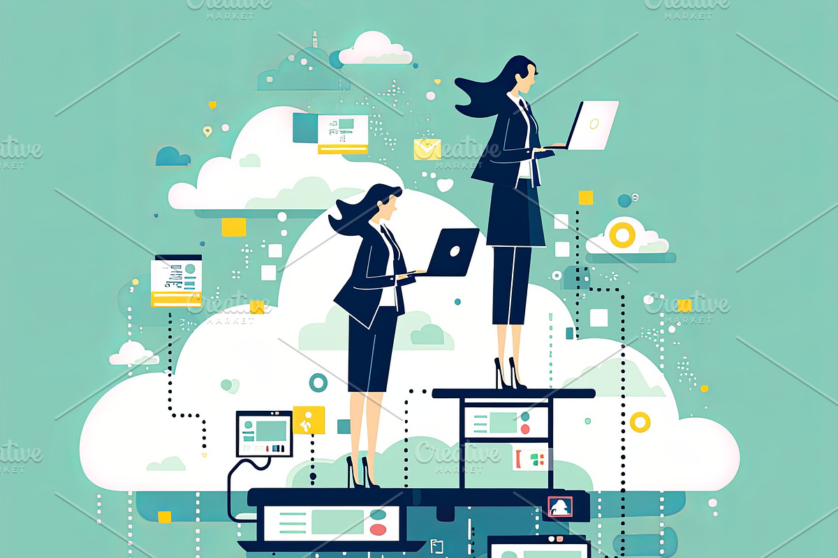 Business professionals collaborating over cloud-connected technology and digita, an Illustration by AS photostudio