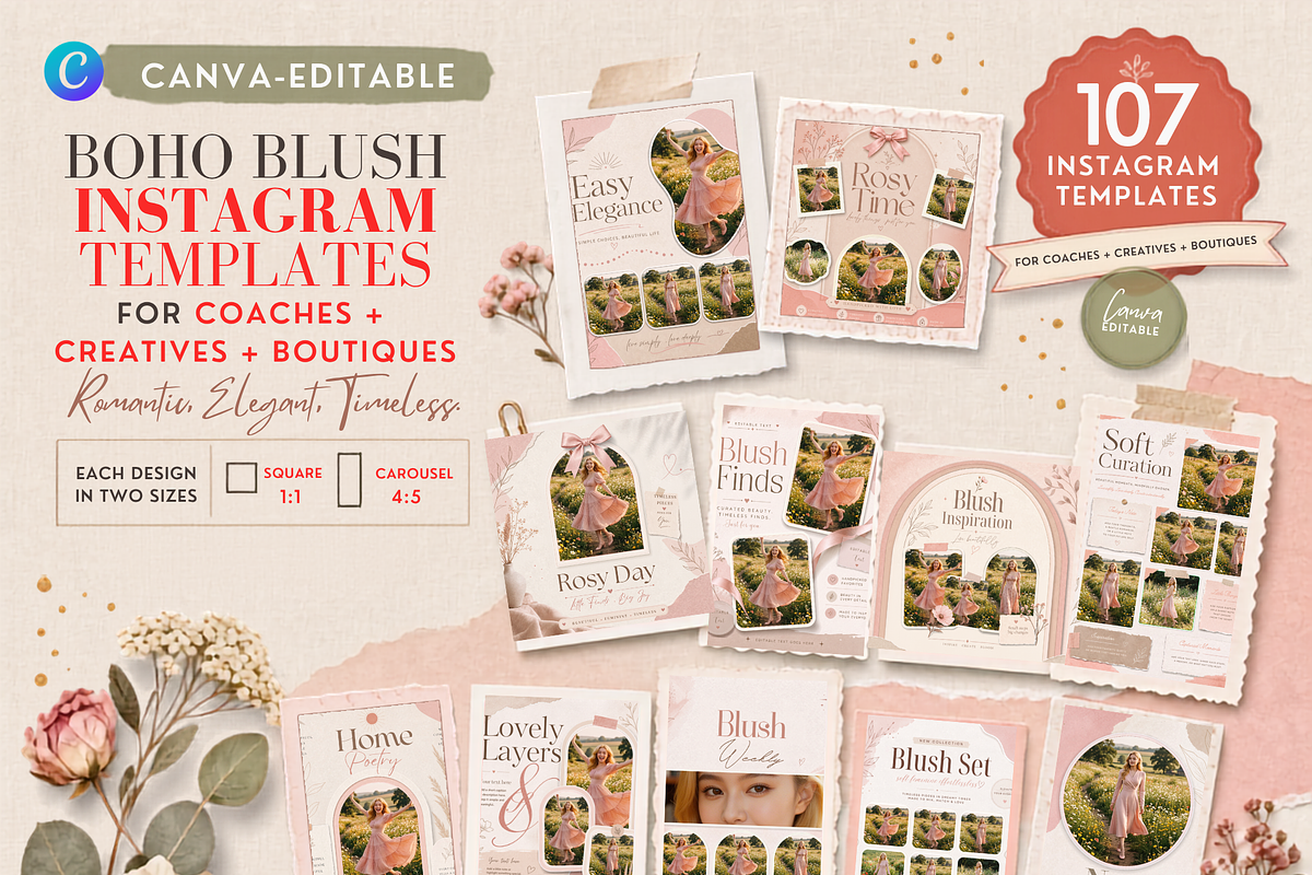 BOHO Blush Canva Instagram Templates, a Social Media Template by RefinedFantasyStudio (Photo 1 of 2)