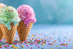 Colorful ice cream scoops with sprinkles in waffle cones on blue background, a Food & Drink Photo by AlyaAnd