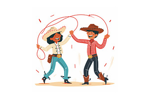 Two Cartoon Cowboys Dancing Joyfully