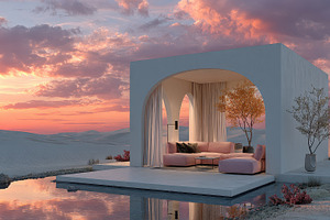Desert Oasis Sunset Modern Pink Sofa, a Photo by Pixeness Studio