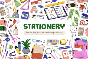 School tools, stationery set, banner, an Education Illustration by Good Studio