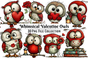 Whimsical Valentine's Owls Clipart, an Illustration by Dream Creation