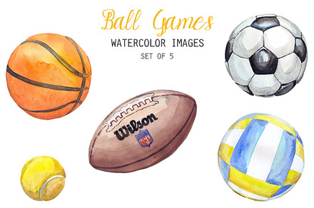Watercolor Ball Games Clipart, a Sport Illustration by YesFoxy