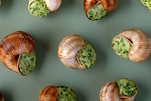 French escargot stuffed with garlic herb butter arranged on a gr, a Food & Drink Photo by Ales Munt