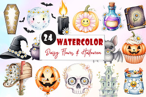 Daisy Flower & Halloween Clipart, an Illustration by Watercolor design