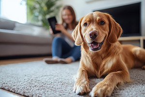 Golden retriever relaxing indoors wh, an Animal Photo by Pixeness Studio
