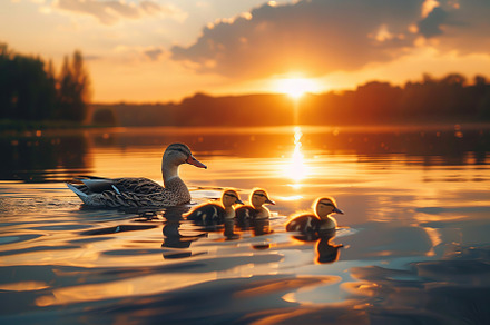 Duck and ducklings swimming into the pond, an Animal Photo by AlyaAnd