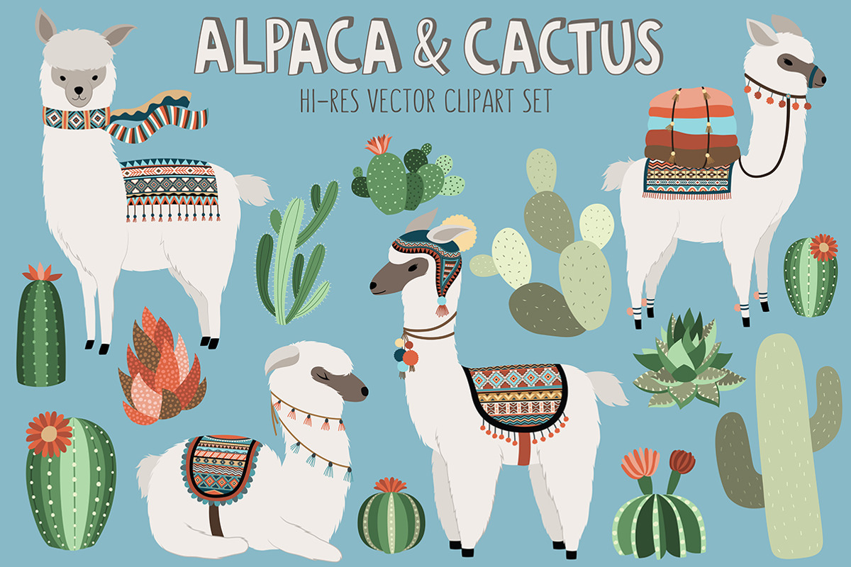 Llama and Cactus Clipart Bundle, an Animal Illustration by Kenna Sato Designs (Photo 1 of 3)