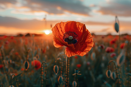 Single red poppy flower on field, a Nature Photo by AlyaAnd
