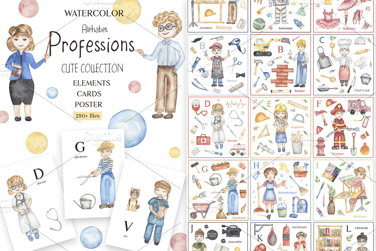 Watercolor Cute Alphabet Professions, an Education Illustration by MayaNavits (Photo 1 of 12)