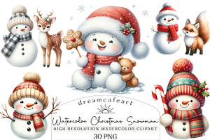 Watercolor Christmas Snowman Animal, an Illustration by DreamCafeArt