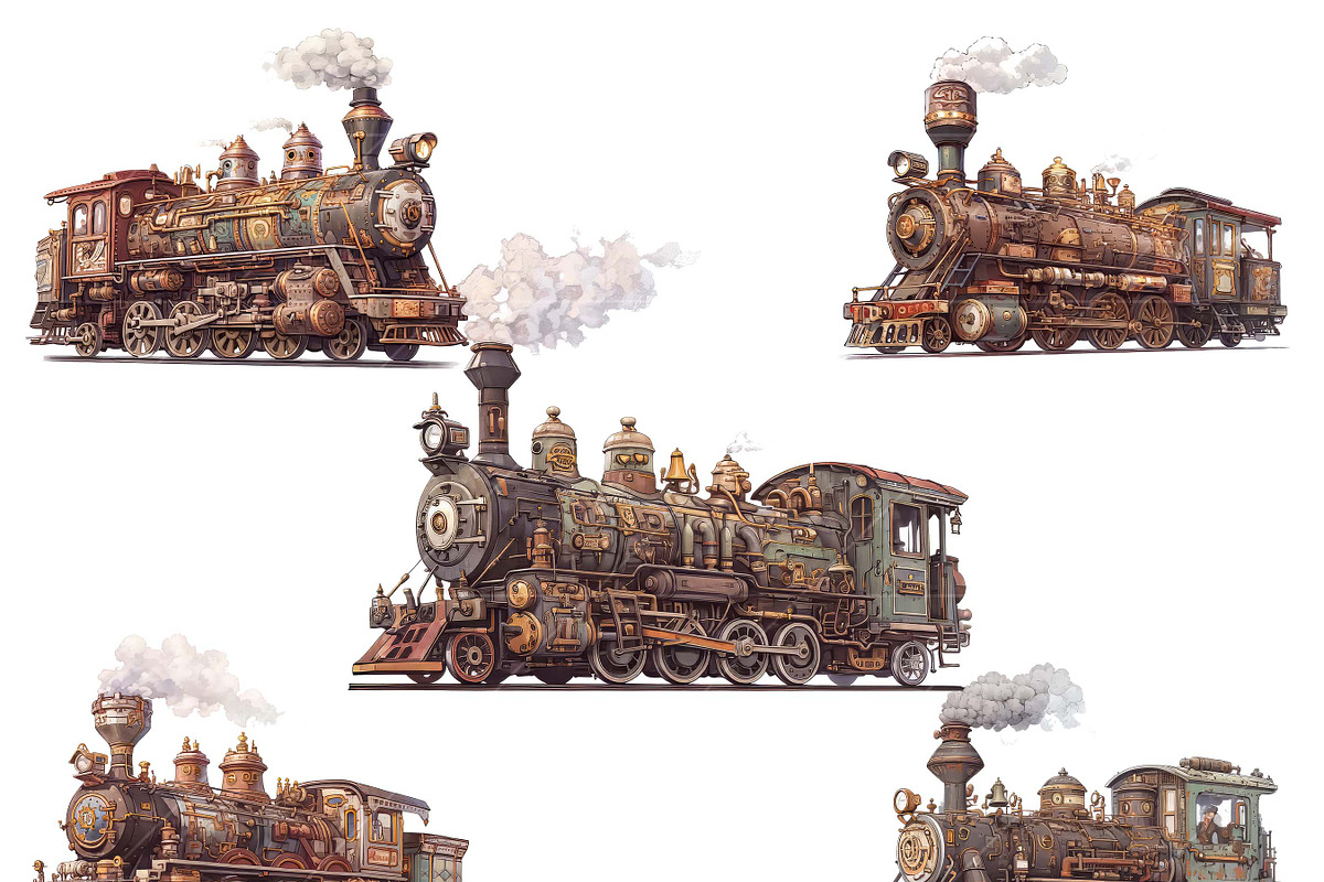 Watercolor Vector Steampunk Trains, a Transportation Illustration by Design Scotch (Photo 3 of 7)
