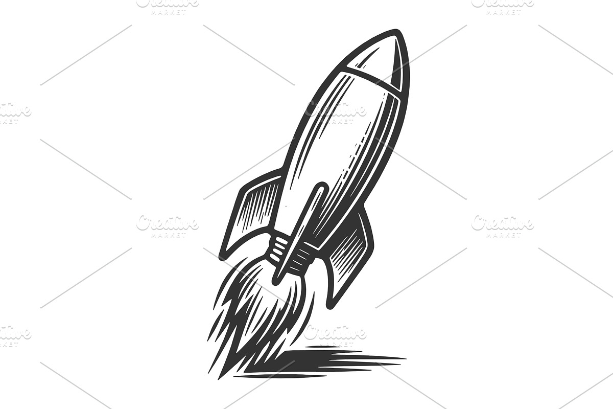 Retro Rocket Launch engraving vector, a Technology Illustration by AlexArt