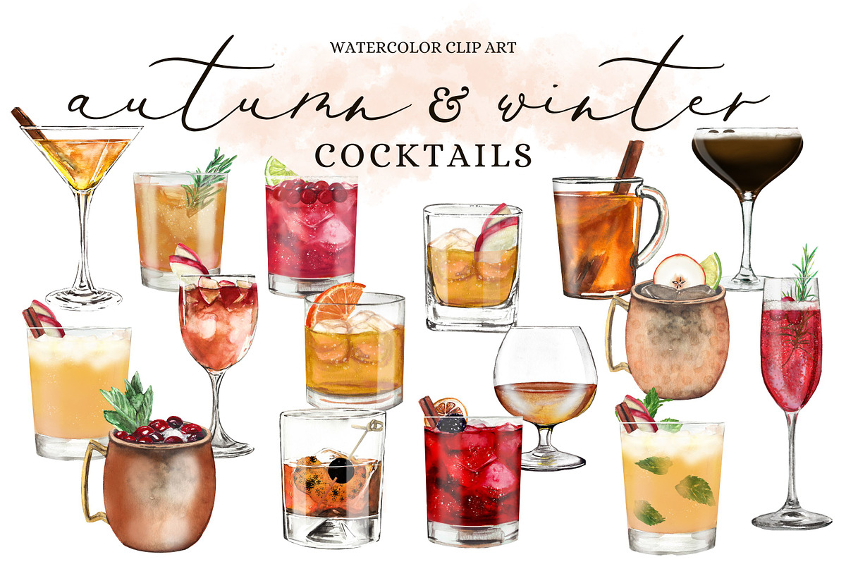 Autumn & Winter Cocktails Clip Art, a Food Illustration by Maria B. Paints