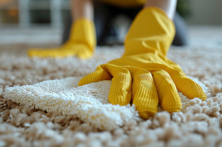 Close-Up Of Woman Wearing Yellow Rubber Gloves Cleaning Carpet With White Rag, a Photo by AS photostudio