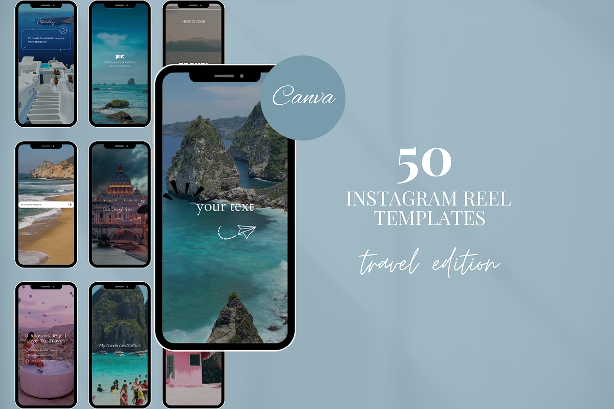 50 Instagram Travel Reel Templates, a Social Media Template by SociallyyCreative (Photo 1 of 10)