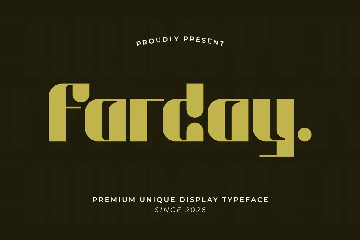 Farday – Unique Display Font, a Sans Serif Font by Artiveko (Photo 1 of 7)