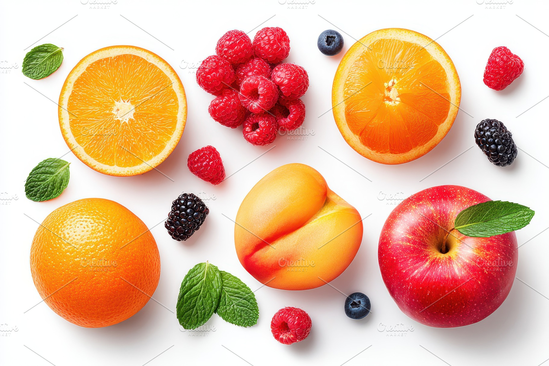 Fresh fruit flat lay with oranges and apples, a Food & Drink Photo by AlyaAnd