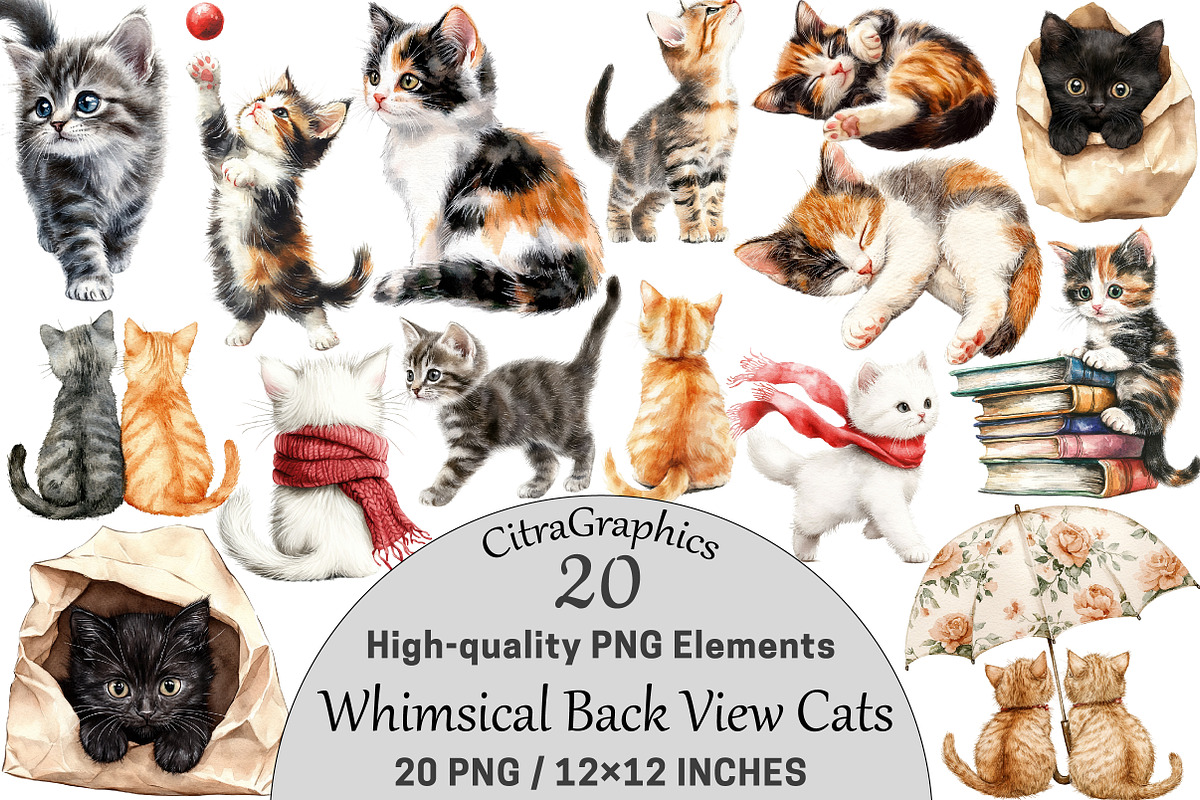 Whimsical Back View Cats Clipart, a Seasonal Illustration by CitraGraphics (Photo 1 of 6)