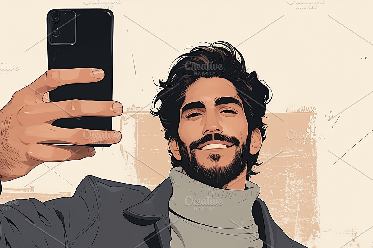 Stylish man taking selfie in urban background with confident expression, an Illustration by AS photostudio