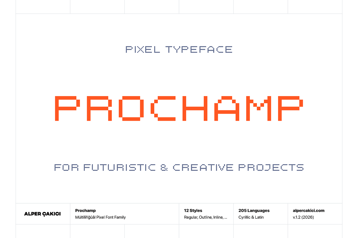 Prochamp - Pixel Typeface, a Sans Serif Font by alpercakici (Photo 1 of 14)