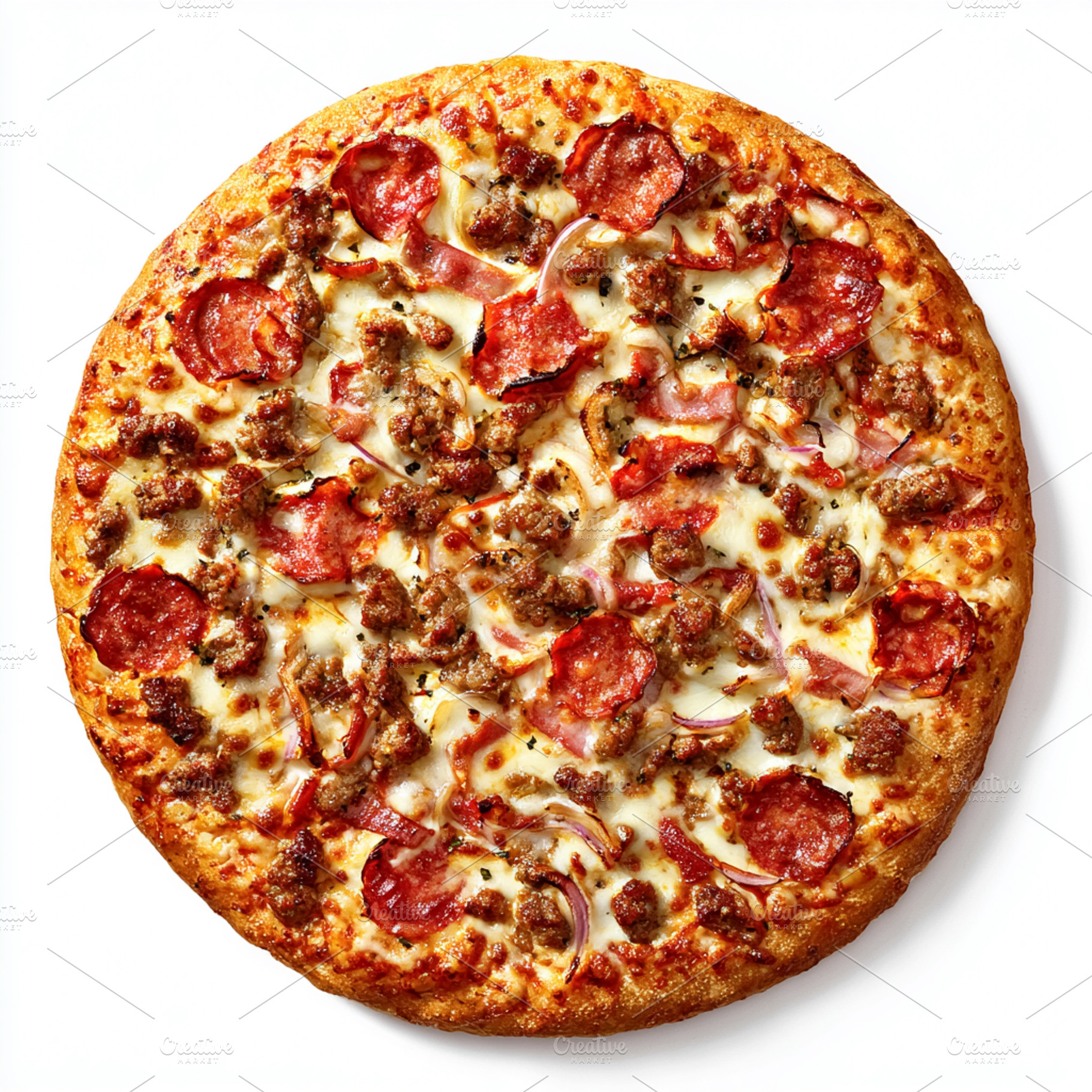Meat lovers pizza featuring pepperoni slices, ground sausage, ha, a Photo by Studio ANNA