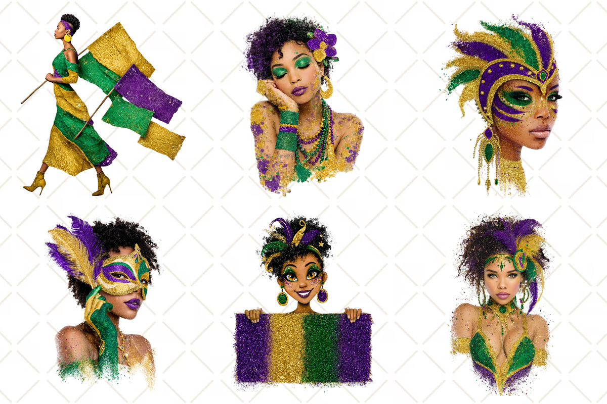 Afro Girls Mardi Gras Clipart, an Illustration by Black Bird Studio (Photo 3 of 6)