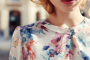 Woman wearing airy floral blouse with watercolor pattern, depict, a Photo by Studio ANNA
