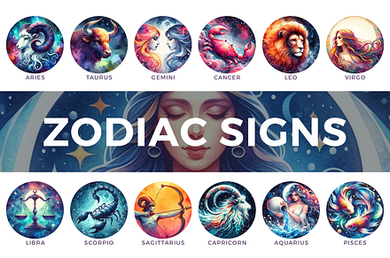 Watercolor Zodiac Signs.