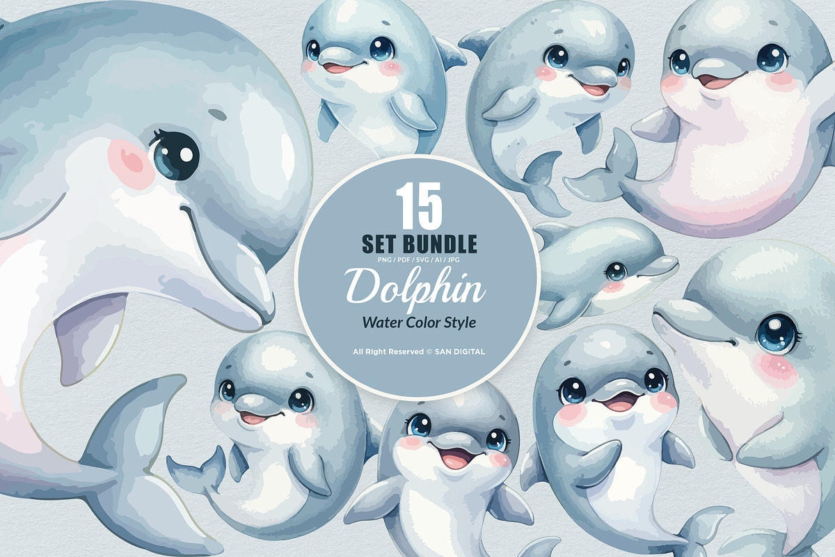 15 Bundle Watercolor Dolphin Fish, an Animal Illustration by Morspective (Photo 1 of 8)