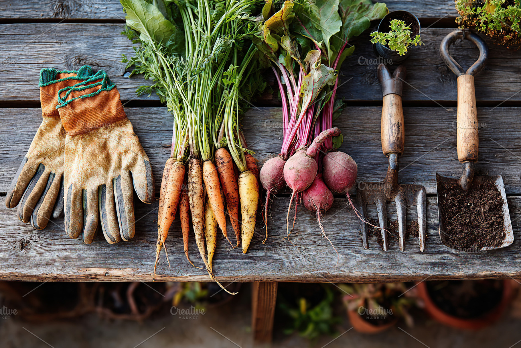 Harvesting root vegetables with gloves and hand tools in late summer garden, a Food & Drink Photo by AlyaAnd