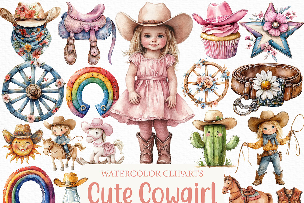Watercolor Cute Cowgirl Clipart, an Illustration by Craft Nest (Photo 1 of 6)