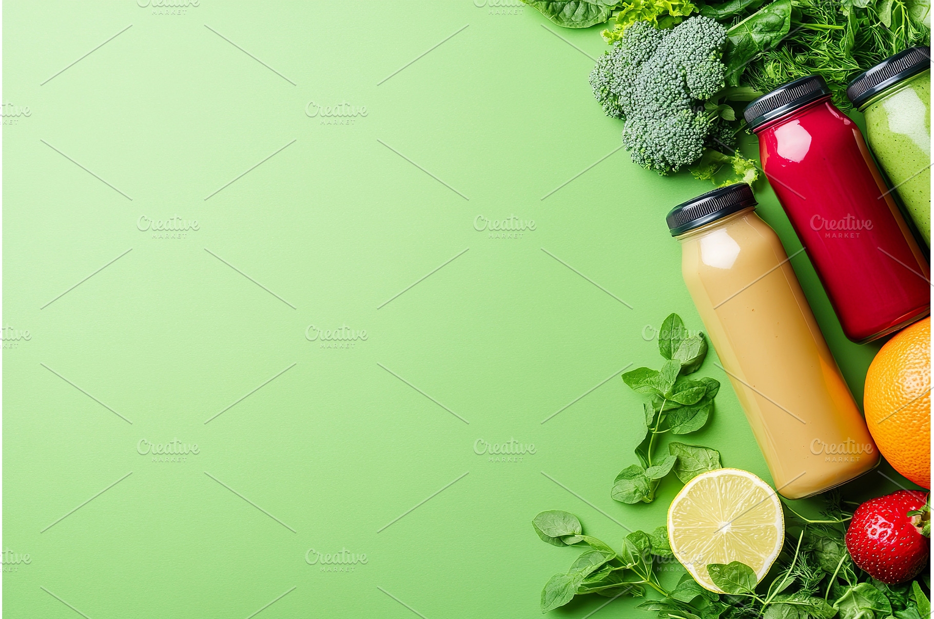 Colorful fresh juice bottles with, a Food & Drink Photo by Lermont51